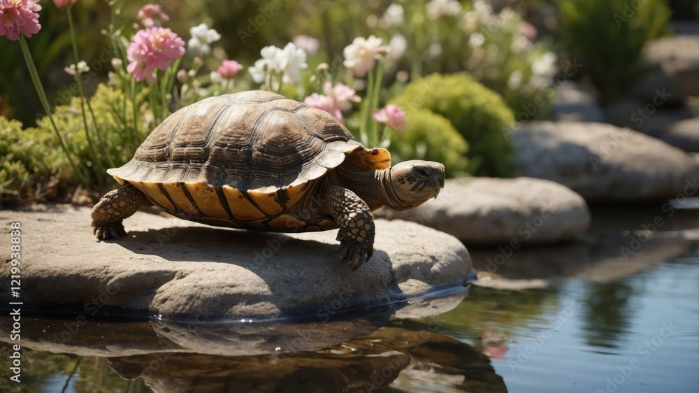 Fototapeta premium A serene tortoise basking on a rock by a tranquil pond surrounded by vibrant flowers