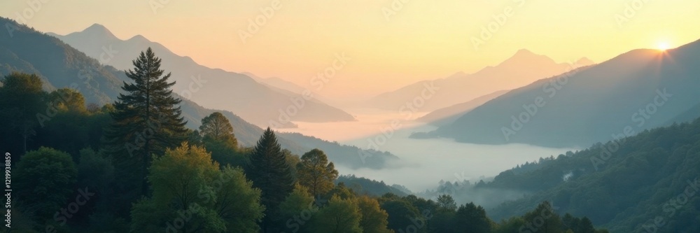Obraz premium Misty dawn with trees and mountains bathed in soft light, still, gentle, natural
