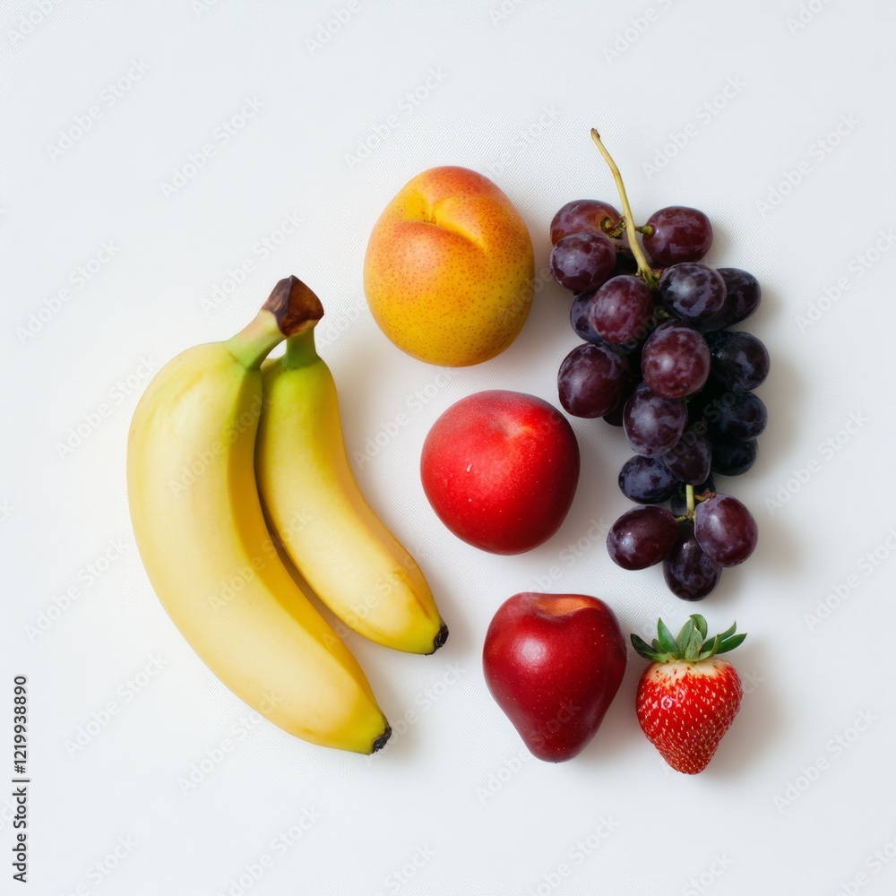 Flat lay of fresh fruits bananas, peaches, grapes, strawberry, and plum on white background. Flat lay of fresh fruits bananas, peaches, grapes, strawberry, and plum on white background.