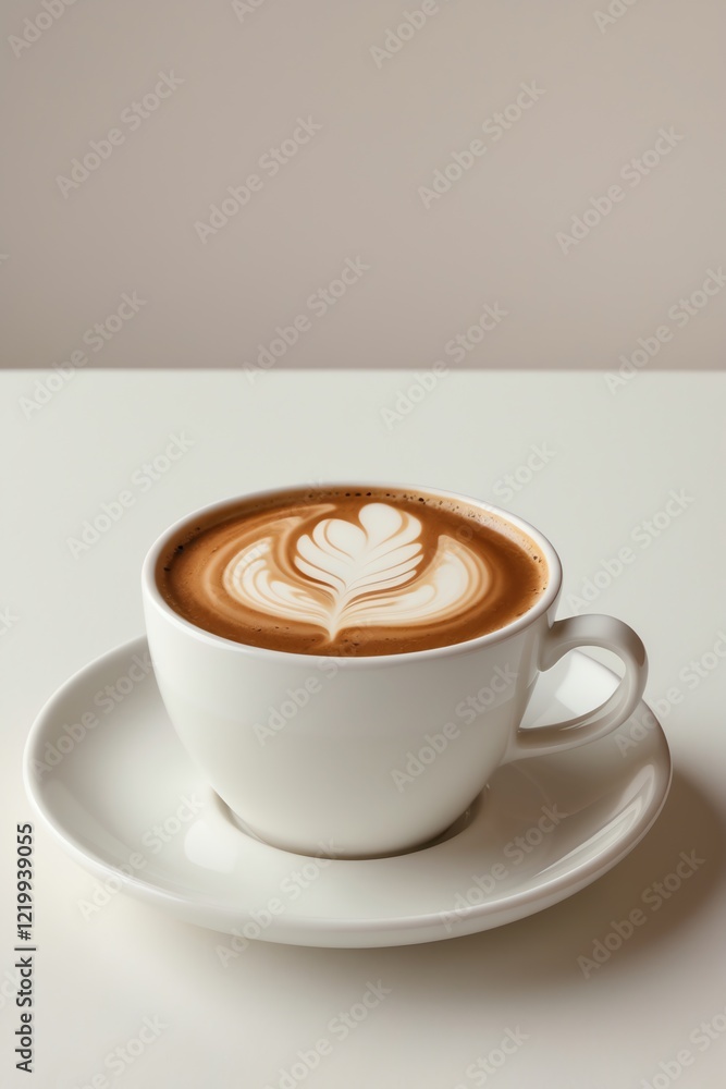A beautifully crafted latte with intricate foam art in a white cup on a simple surface. A beautifully crafted latte with intricate foam art in a white cup on a simple surface.