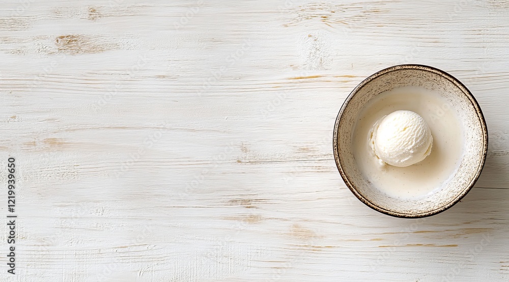Single scoop vanilla ice cream in creamy sauce, in bowl on white wood. Single scoop vanilla ice cream in creamy sauce, in bowl on white wood.
