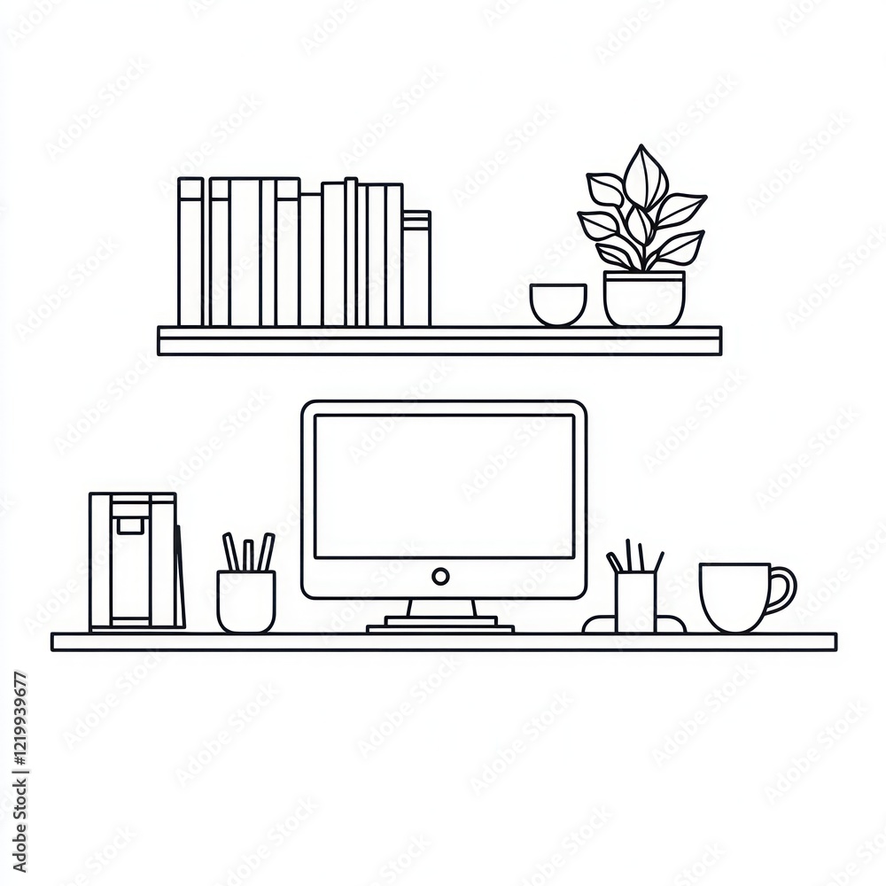 Obraz premium Minimalist Line Art Desk Setup with Books and Plant