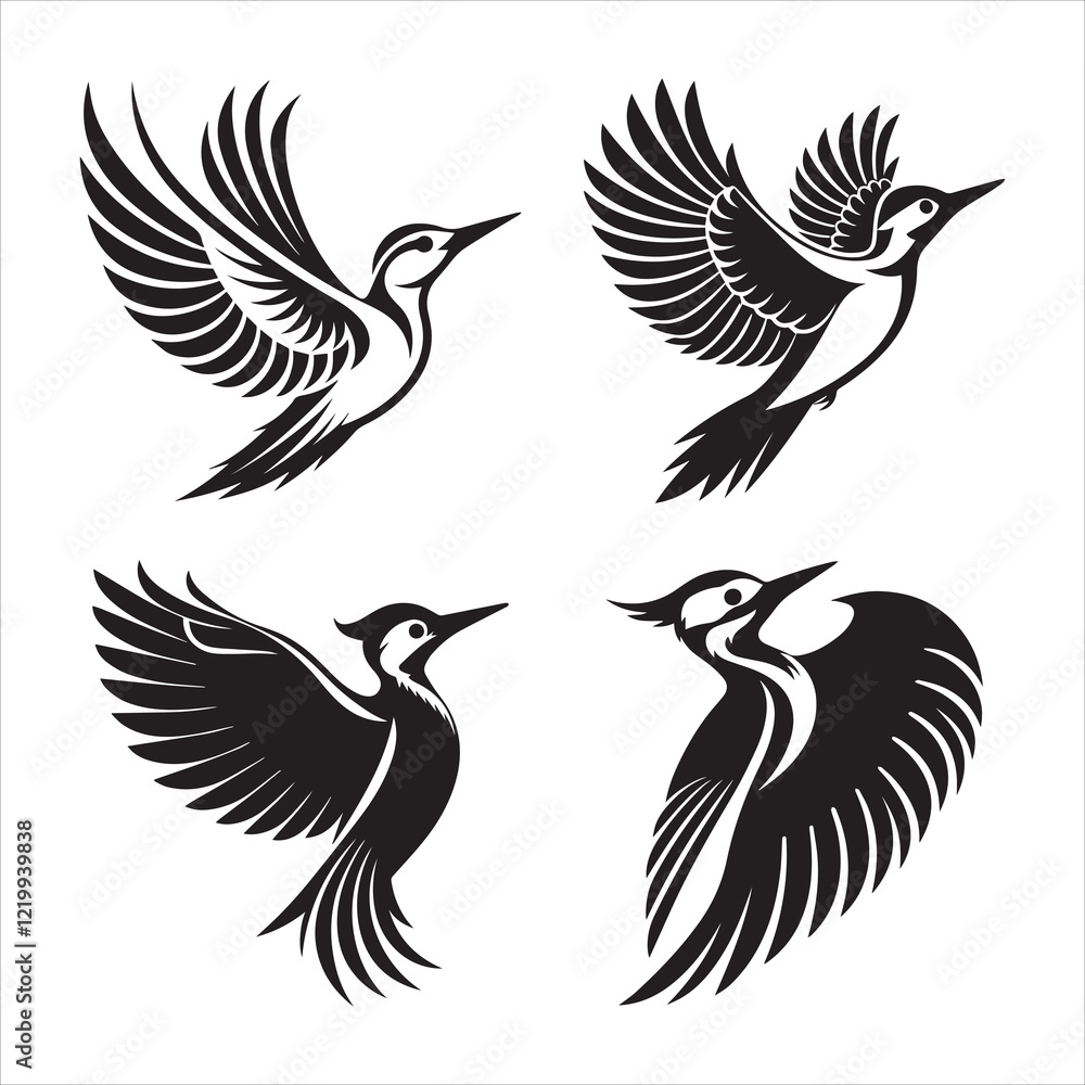 Obraz premium woodpecker silhouette set vector illustrations 