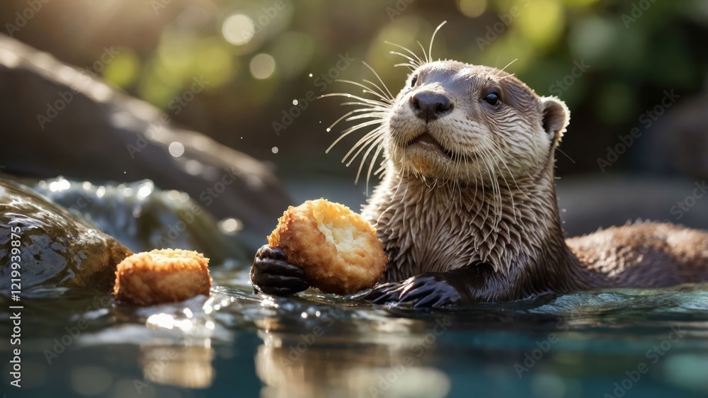 Playful otter enjoying a snack in a serene water setting surrounded by greenery Playful otter enjoying a snack in a serene water setting surrounded by greenery