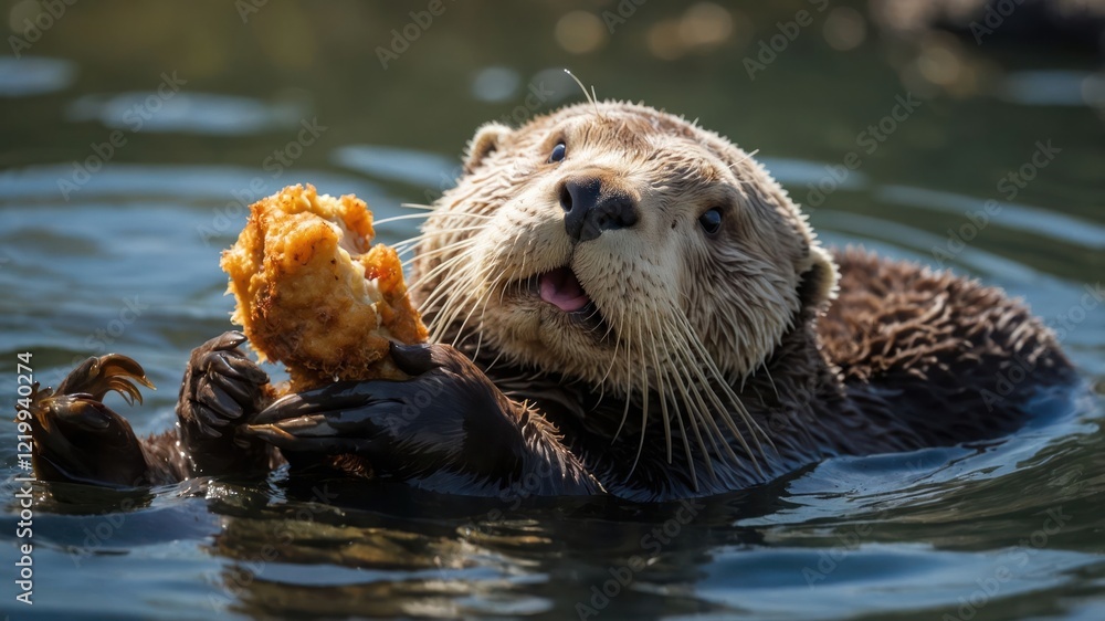 Playful otter enjoying a fried fish snack while floating in a serene water environment Playful otter enjoying a fried fish snack while floating in a serene water environment