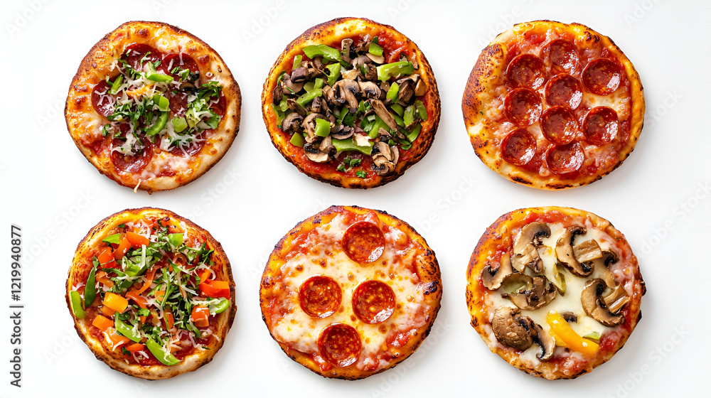 Assortment of mini pizzas with various toppings. Perfect for sharing or individual meals! Assortment of mini pizzas with various toppings. Perfect for sharing or individual meals!