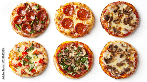 Assortment of mini pizzas with various toppings. Perfect for a party or snack!