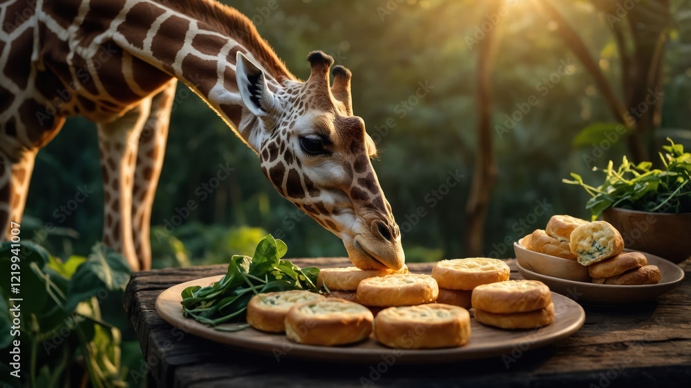 Fototapeta premium A curious giraffe reaches for delicious snacks on a wooden table in a lush green setting
