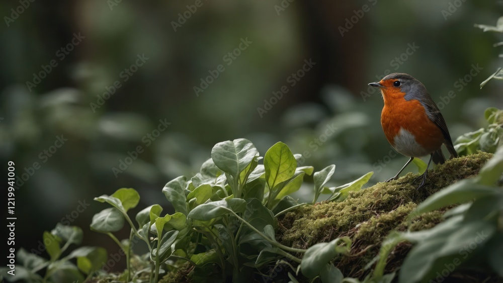 A vibrant orange-breasted bird perched on a mossy log surrounded by lush green foliage in a serene forest A vibrant orange-breasted bird perched on a mossy log surrounded by lush green foliage in a serene forest