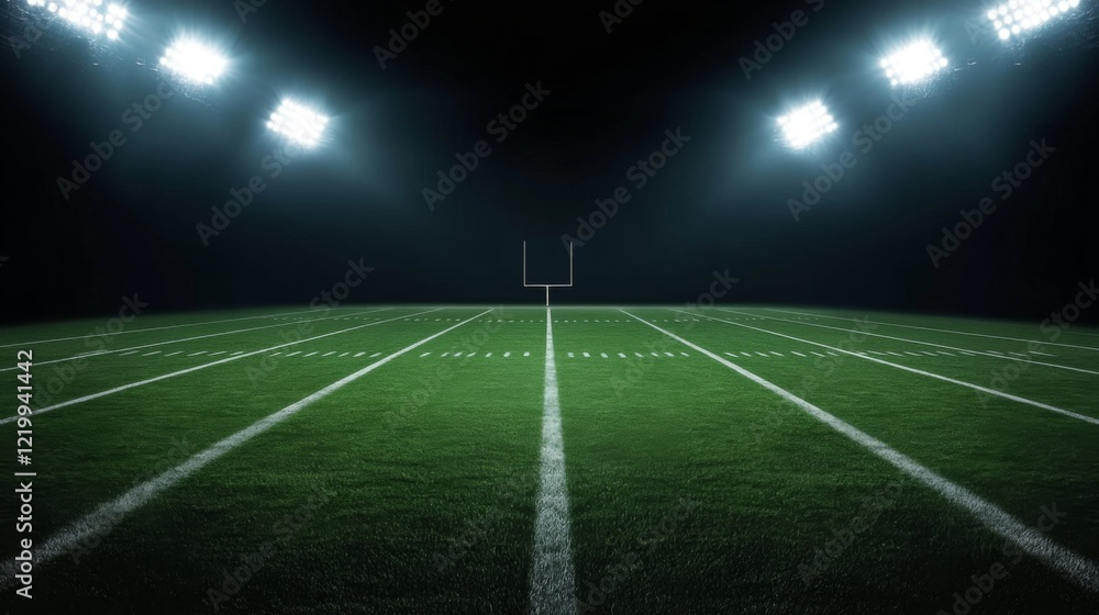 Naklejka premium Football field illuminated by stadium lights with copy space on dark background