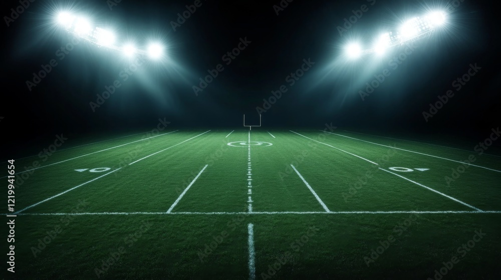 Naklejka premium Football field illuminated by stadium lights with copy space on dark background