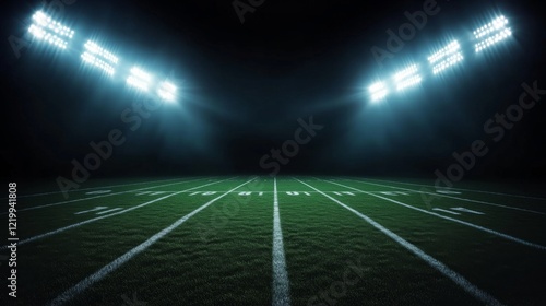 Football field illuminated by stadium lights with copy space on dark background