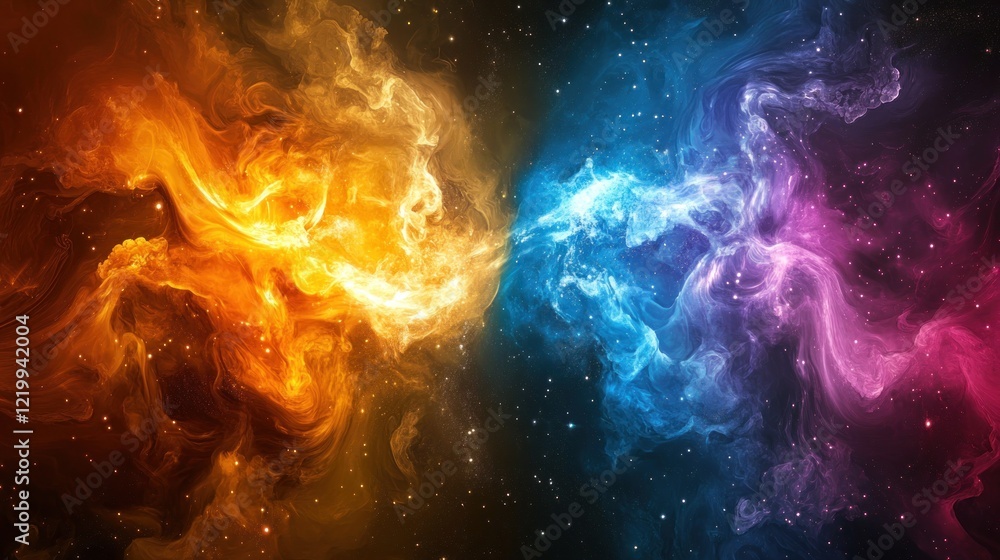 Obraz premium Cosmic Dance: A fiery and icy nebulae clash in a breathtaking display of celestial energy, creating a mesmerizing cosmic ballet.