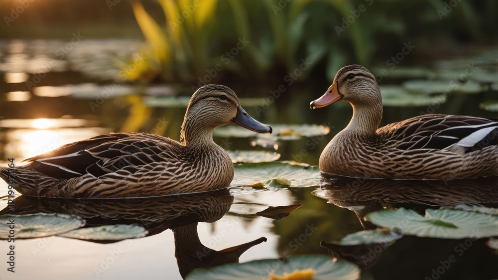 Obraz premium Two ducks swimming peacefully in a serene pond surrounded by lily pads at sunset