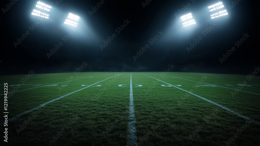 Football field illuminated by stadium lights with copy space on dark background Football field illuminated by stadium lights with copy space on dark background