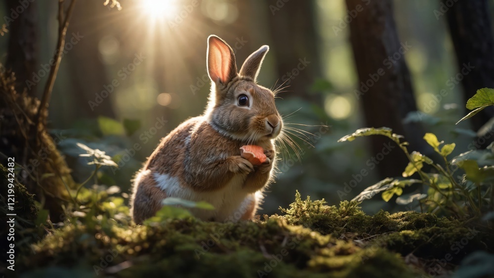 Fototapeta premium A rabbit enjoying a carrot in a sunlit forest, surrounded by lush greenery and soft moss
