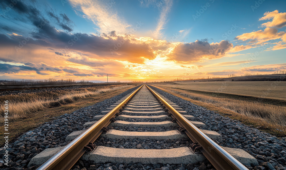 Obraz premium Scenic Photograph of Railway Tracks at Sunset - Inspiring Landscape for Travel and Adventure Themes