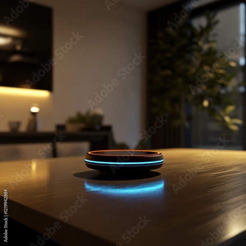 Smart Home Device on a Table in a Cozy Living Room at Night