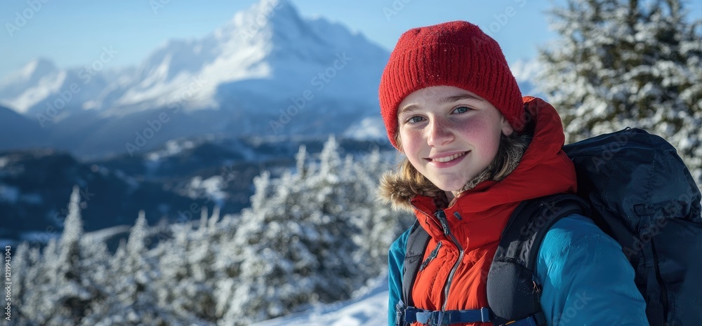Girl smiles, winter hike, snowy mountains. Stock photo Girl smiles, winter hike, snowy mountains. Stock photo