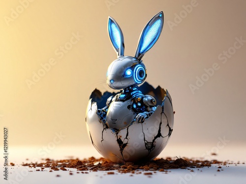 Robotic bunny emerging from metallic egg