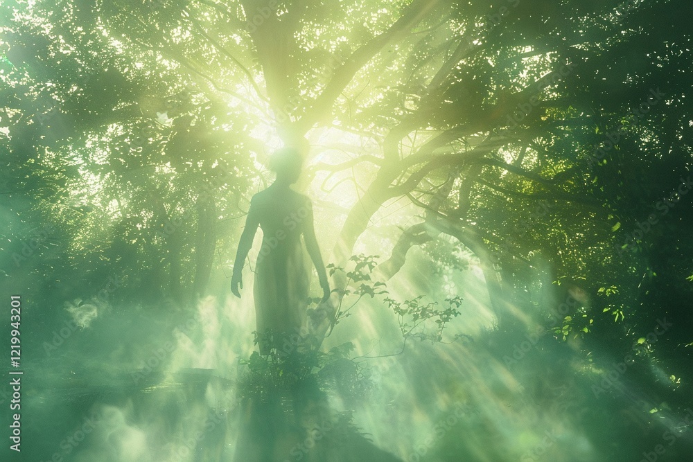 Fototapeta premium Woman standing in a mystical forest bathed in sunlight. A serene and ethereal atmosphere.