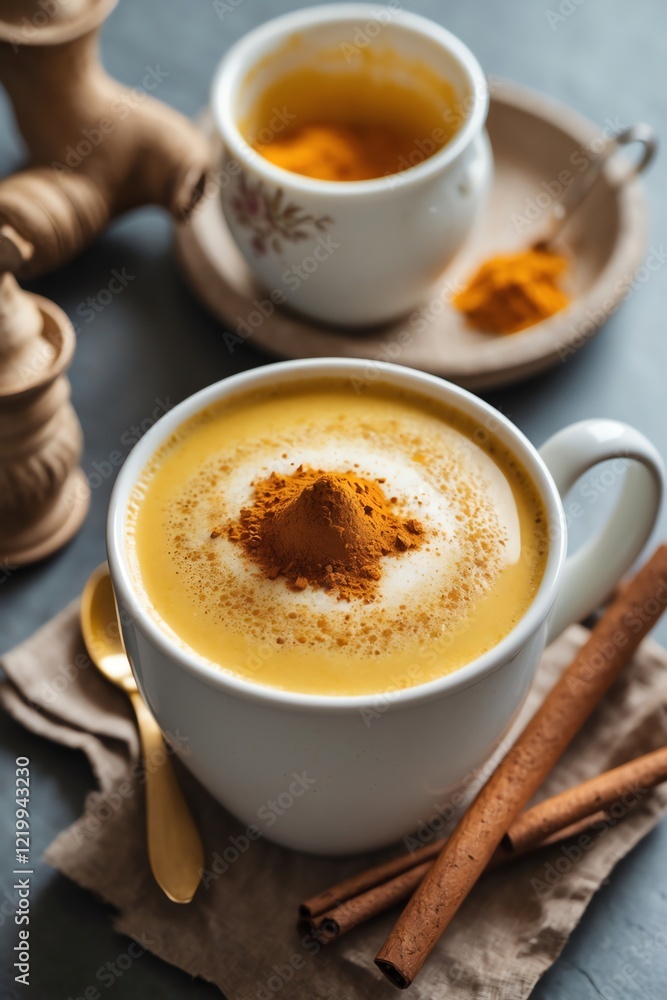 A cozy cup of golden turmeric latte with spices and a small bowl of turmeric. A cozy cup of golden turmeric latte with spices and a small bowl of turmeric.