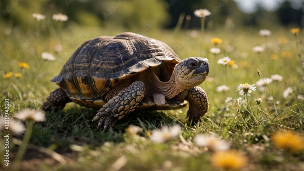 Fototapeta premium Close-up of a tortoise moving through a field of daisies on a sunny day, showcasing nature's beauty