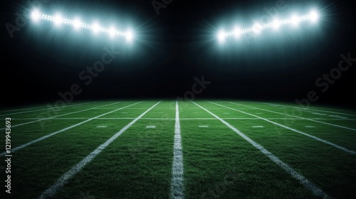 Football field illuminated by stadium lights with copy space on dark background