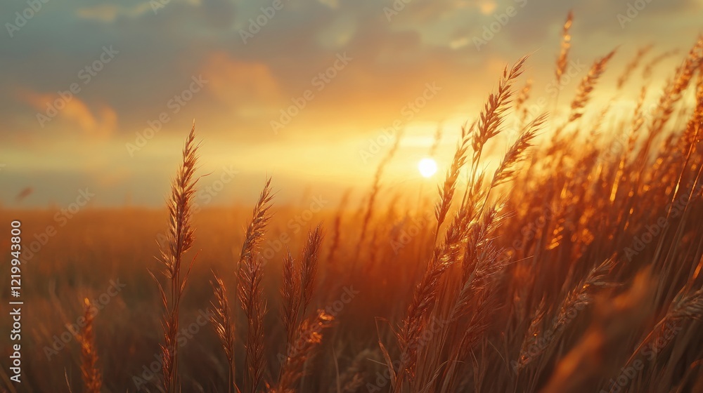 Naklejka premium Golden sunset over grassy field, peaceful nature scene, ideal for calming backgrounds