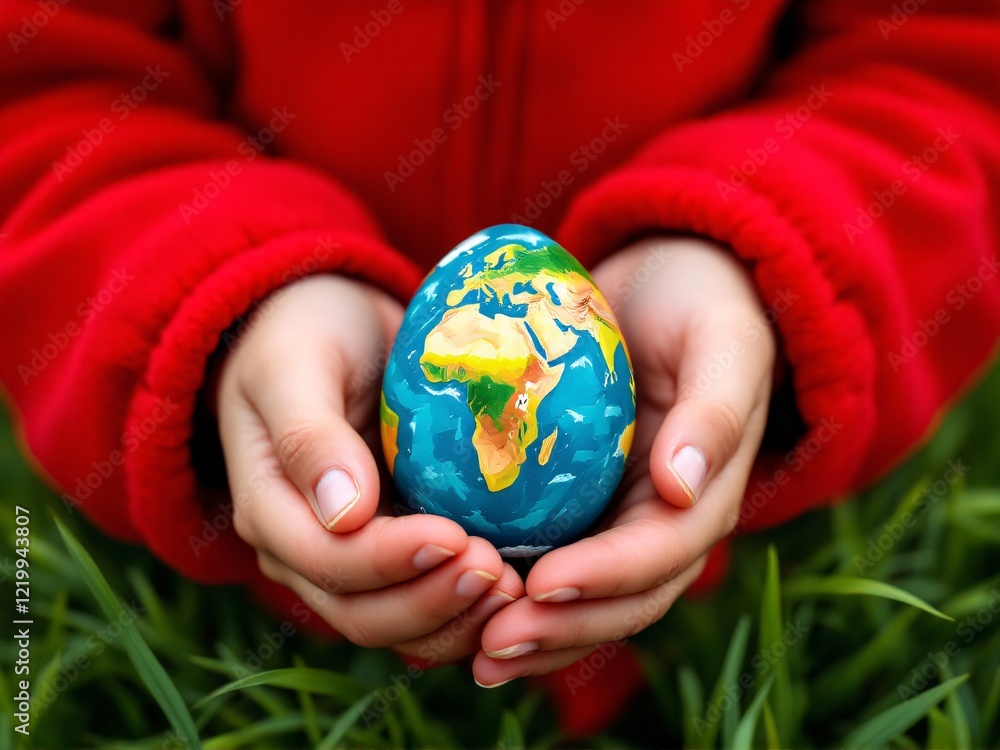 Child's hands holding small painted globe in grass Child's hands holding small painted globe in grass