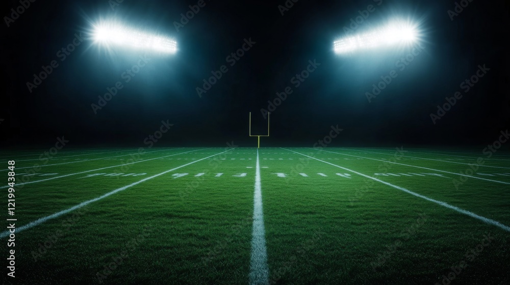 Naklejka premium Football field illuminated by stadium lights with copy space on dark background