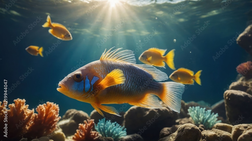 Obraz premium Vibrant underwater scene showcasing a colorful fish surrounded by smaller fish and coral reefs