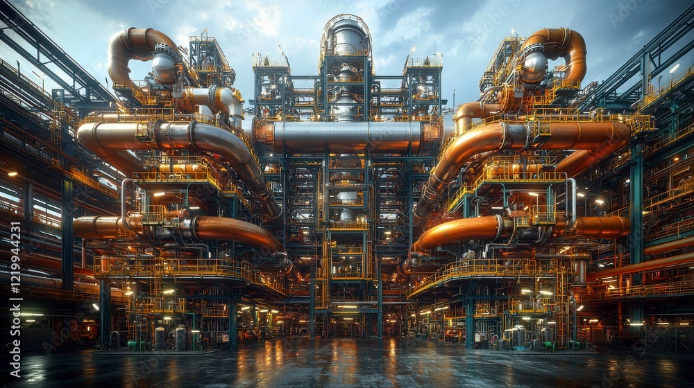 Fototapeta premium A series of large steel pipes at a petrochemical plant, transporting raw materials and refined chemicals from one unit to another within the facility.