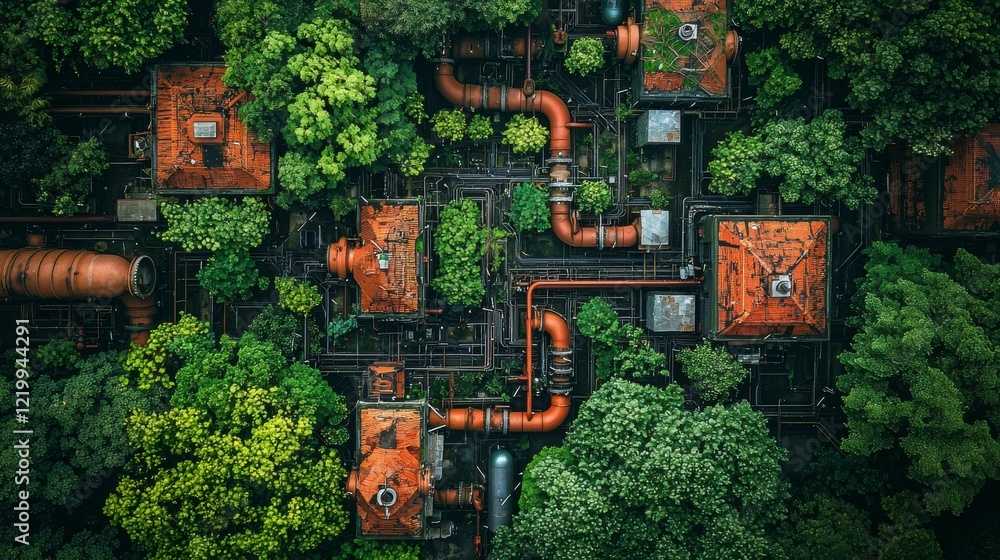 Fototapeta premium An overhead shot of a petrochemical plant pipeline network, showing multiple pipes carrying different substances, all interconnected across the plant’s sprawling site.