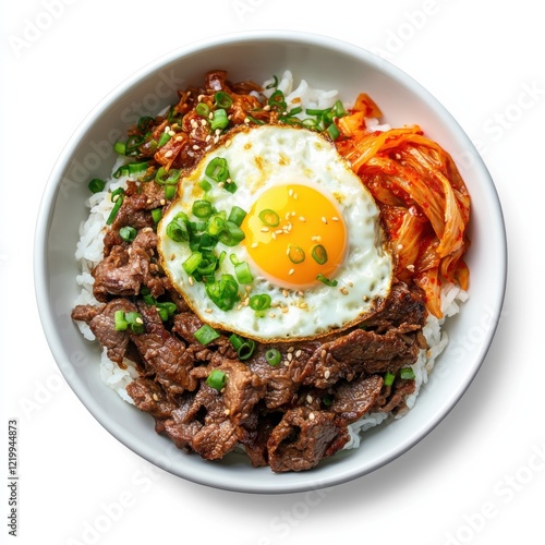 Wallpaper Mural A spicy beef bulgogi bowl with kimchi and fried egg, isolated white background, contemporary art style Torontodigital.ca