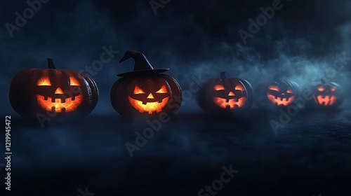 Spooky halloween scene with orange pumpkins in a row, featuring a jack o' lantern wearing a witch hat, surrounded by mystical fog on a dark background for a haunting autumn vibe


 photo