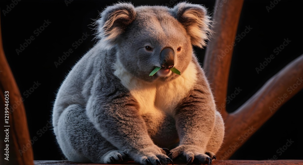 Fototapeta premium Adorable Koala Eating Eucalyptus Leaves at Sunset