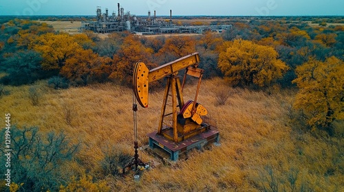 An aerial shot of West Texas showing a pumpjack at work in a field, with the refinery plant in the background processing crude oil into various refined products.