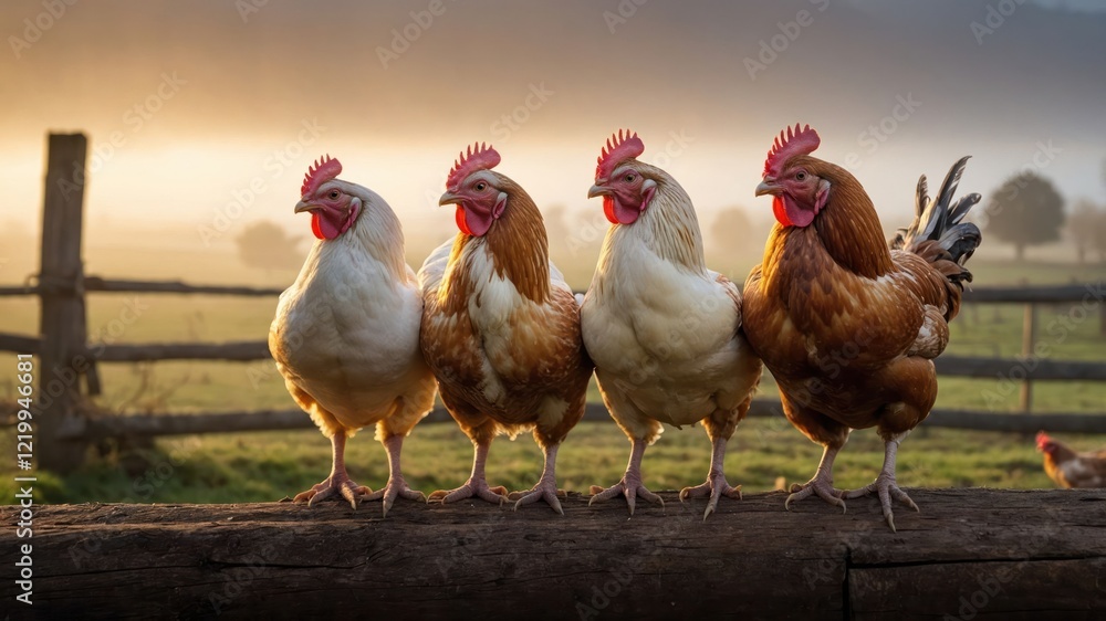 Fototapeta premium Four chickens standing in a row on a log at sunrise, with a misty farm landscape in the background