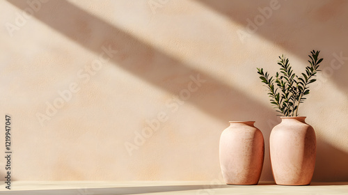 Elegant clay vases with greenery minimalist interior still life soft lighting modern aesthetic photo