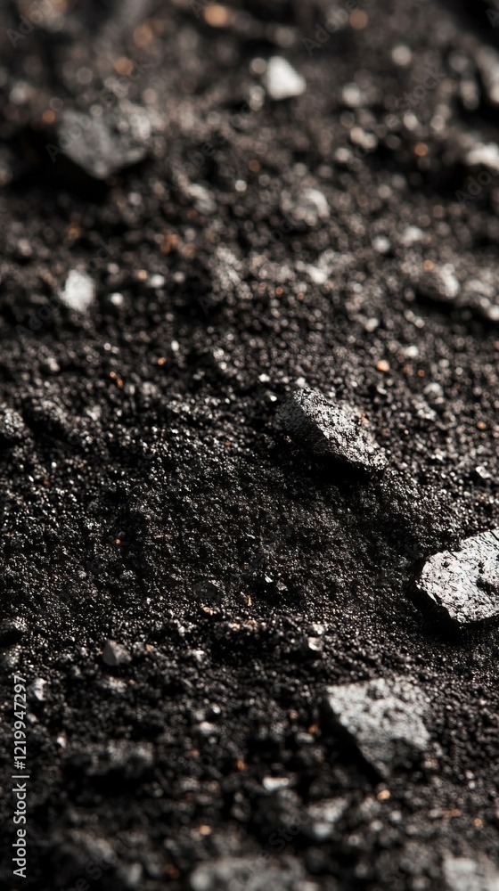 Close-up of dark, coarse soil texture with small rocks Close-up of dark, coarse soil texture with small rocks