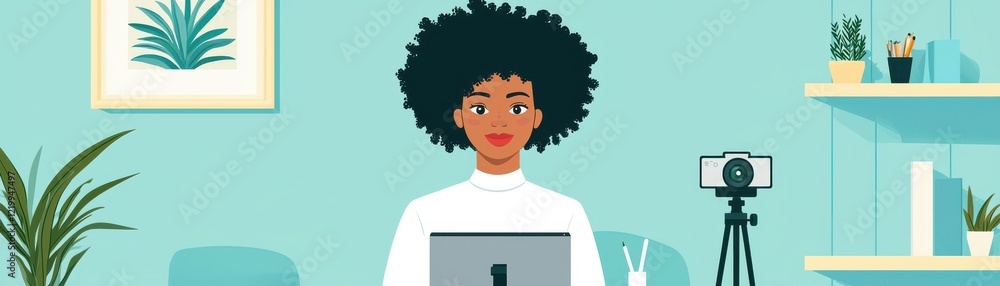 remote work digital locations lifestyle nomad concept. A person with curly hair sits at a desk, working on a laptop in a stylish home office. remote work digital locations lifestyle nomad concept. A person with curly hair sits at a desk, working on a laptop in a stylish home office.