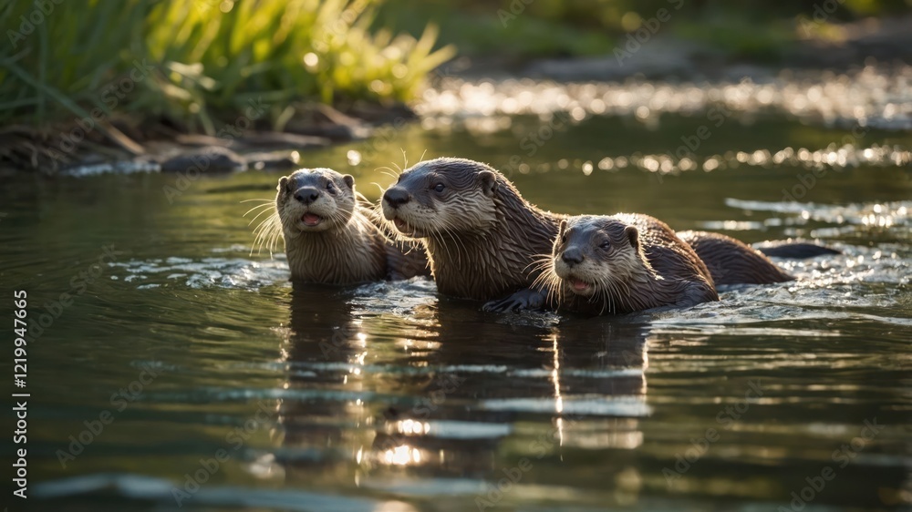 Fototapeta premium Three playful otters swimming in a serene river, surrounded by lush greenery and soft sunlight
