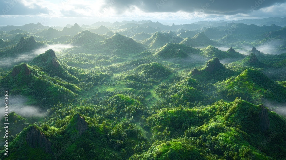 Lush green mountainous landscape under cloudy sky. Lush green mountainous landscape under cloudy sky.
