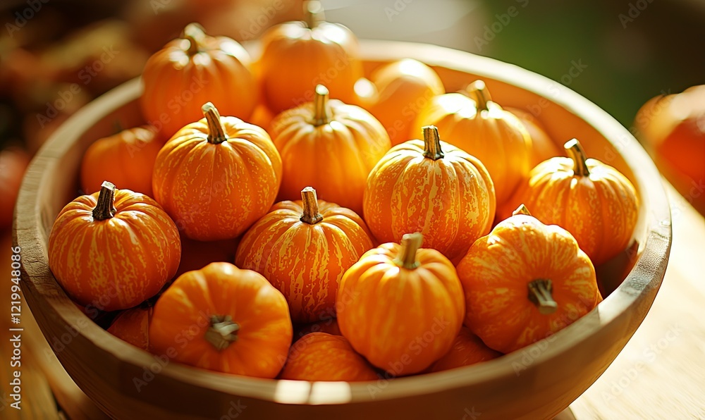 Mini pumpkins in wooden bowl, autumn harvest, warm light Mini pumpkins in wooden bowl, autumn harvest, warm light