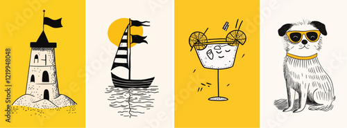Summer holiday and travel hand drawn style poster illustration set