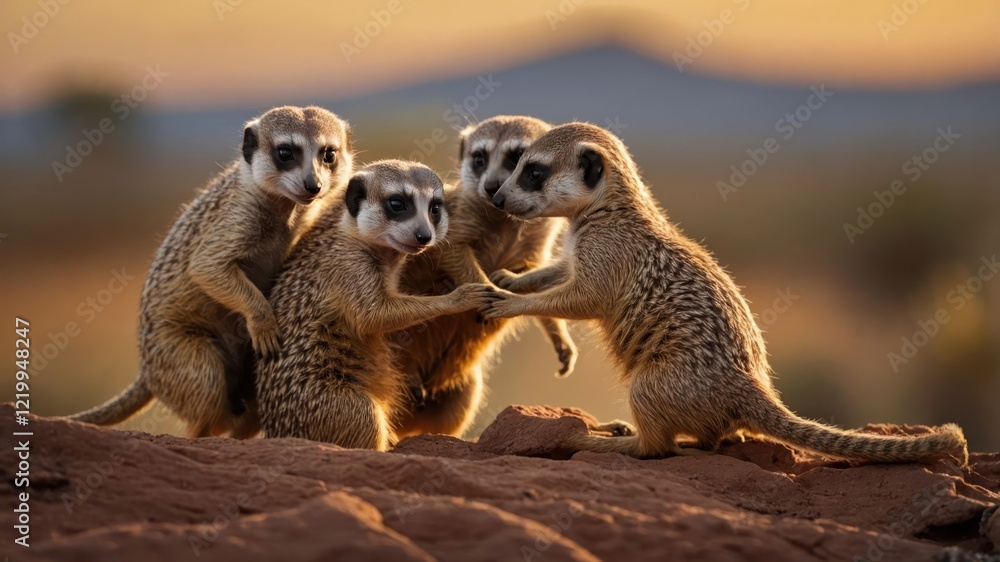 Fototapeta premium A group of meerkats huddling together at sunset in a natural landscape, showcasing their social behavior