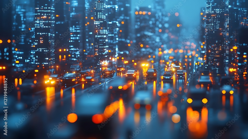 Fototapeta premium Evening traffic flow in urban cityscape modern environment night view