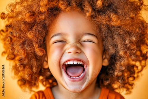 A close-up of a child with their mouth wide open in laughter, their eyes squinting with pure joy at something amusing photo