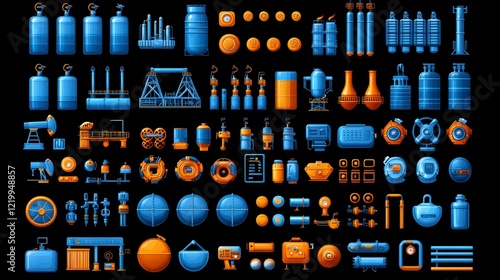 Wallpaper Mural A set of oil and gas production line icons featuring essential equipment like oil rigs, storage tanks, pipelines, and refining units, ideal for educational or industry-related content. Torontodigital.ca